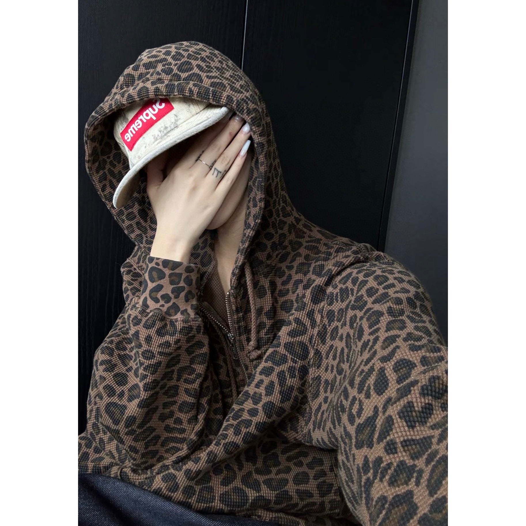 Leopard Waffle-Knit Zip-Up Hoodie