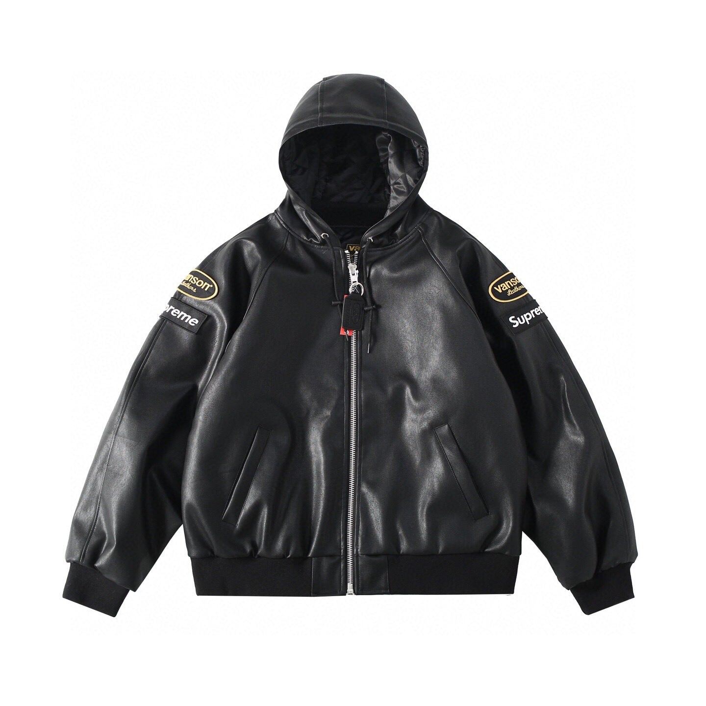 Embroidered Logo Patch Zip-Up Leather Jacket