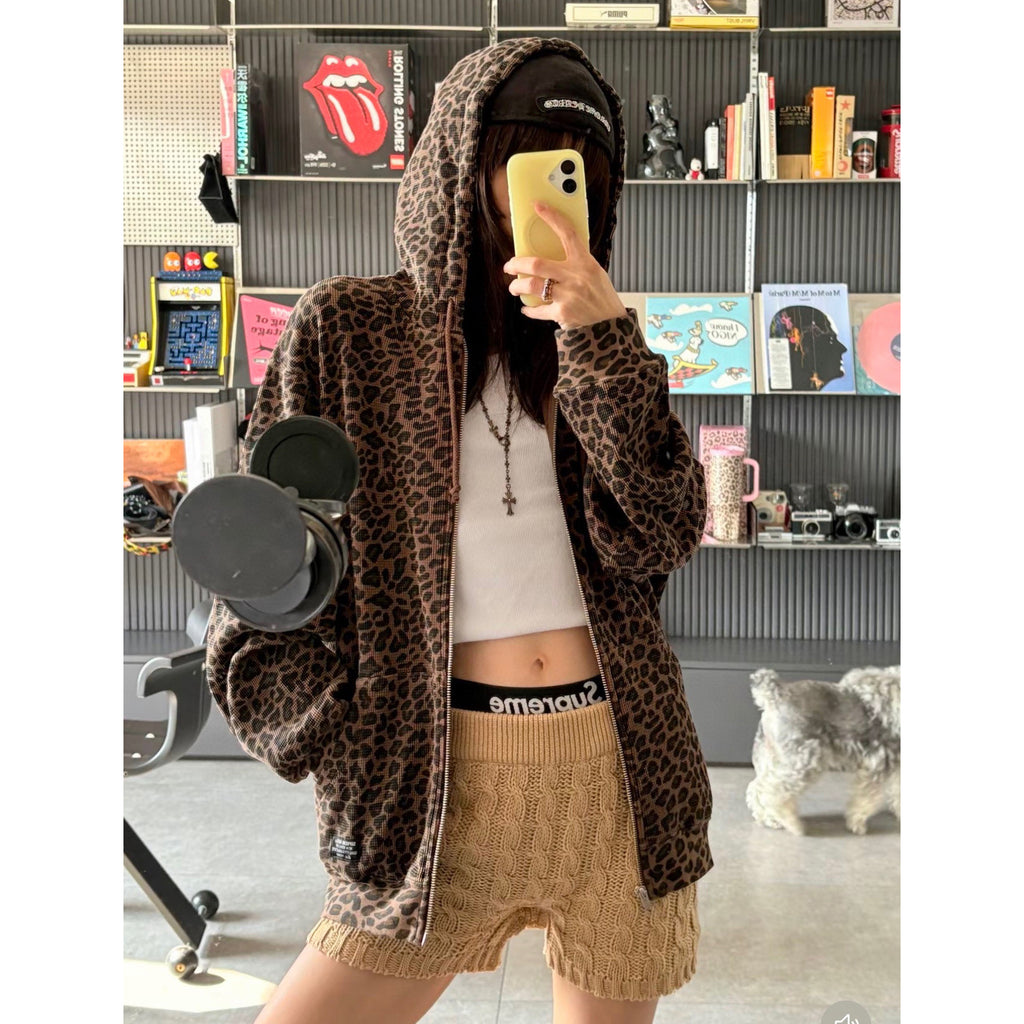 Leopard Waffle-Knit Zip-Up Hoodie