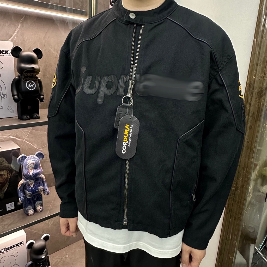 Heavy Embroidered Leather Logo Moto Jacket