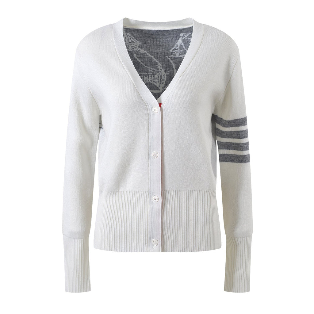 Four-Stripe Pink V-Neck Cardigan????¡§¡è?¡§¡è??¡§o?  TREND