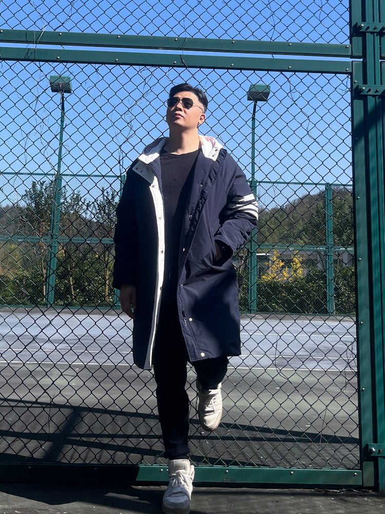 Unisex long coat with hood and white placket  TREND