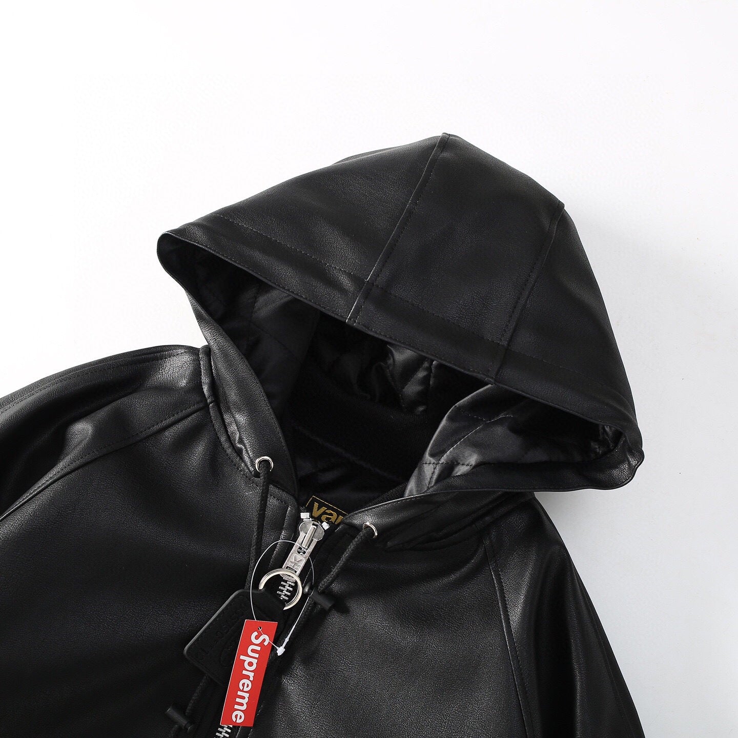 Embroidered Logo Patch Zip-Up Leather Jacket