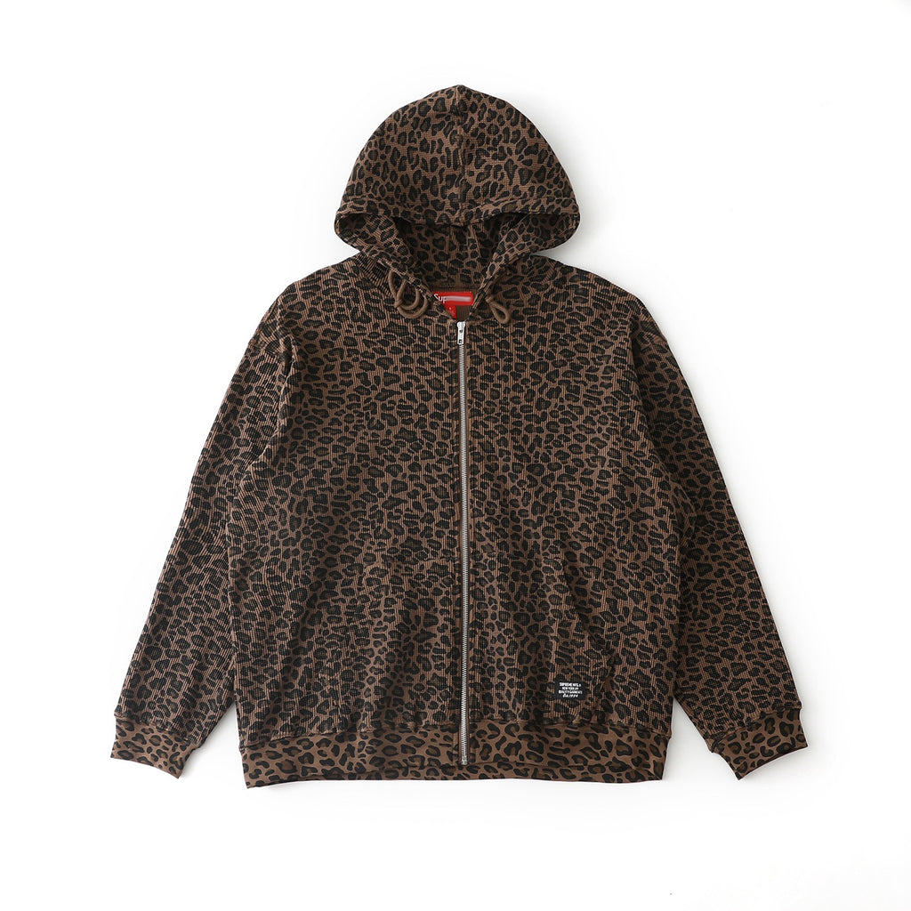 Leopard Waffle-Knit Zip-Up Hoodie