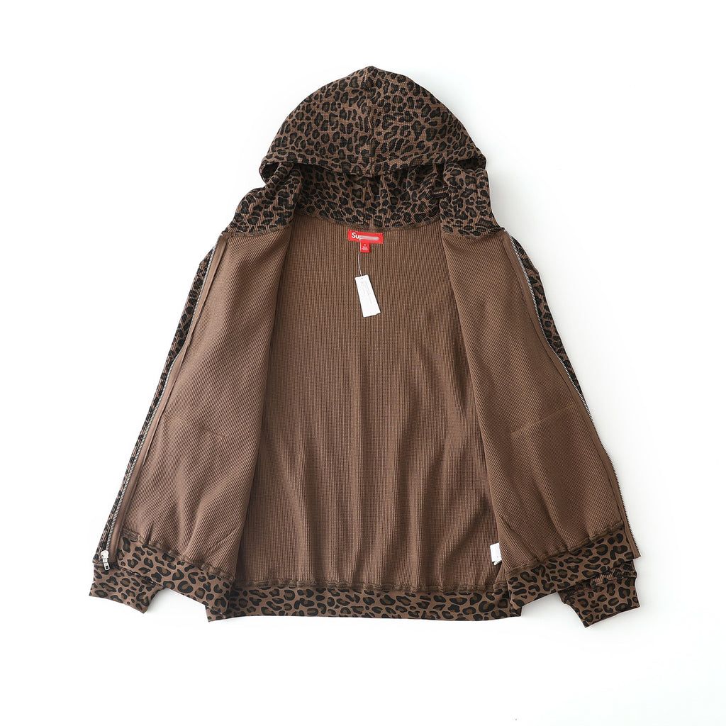 Leopard Waffle-Knit Zip-Up Hoodie