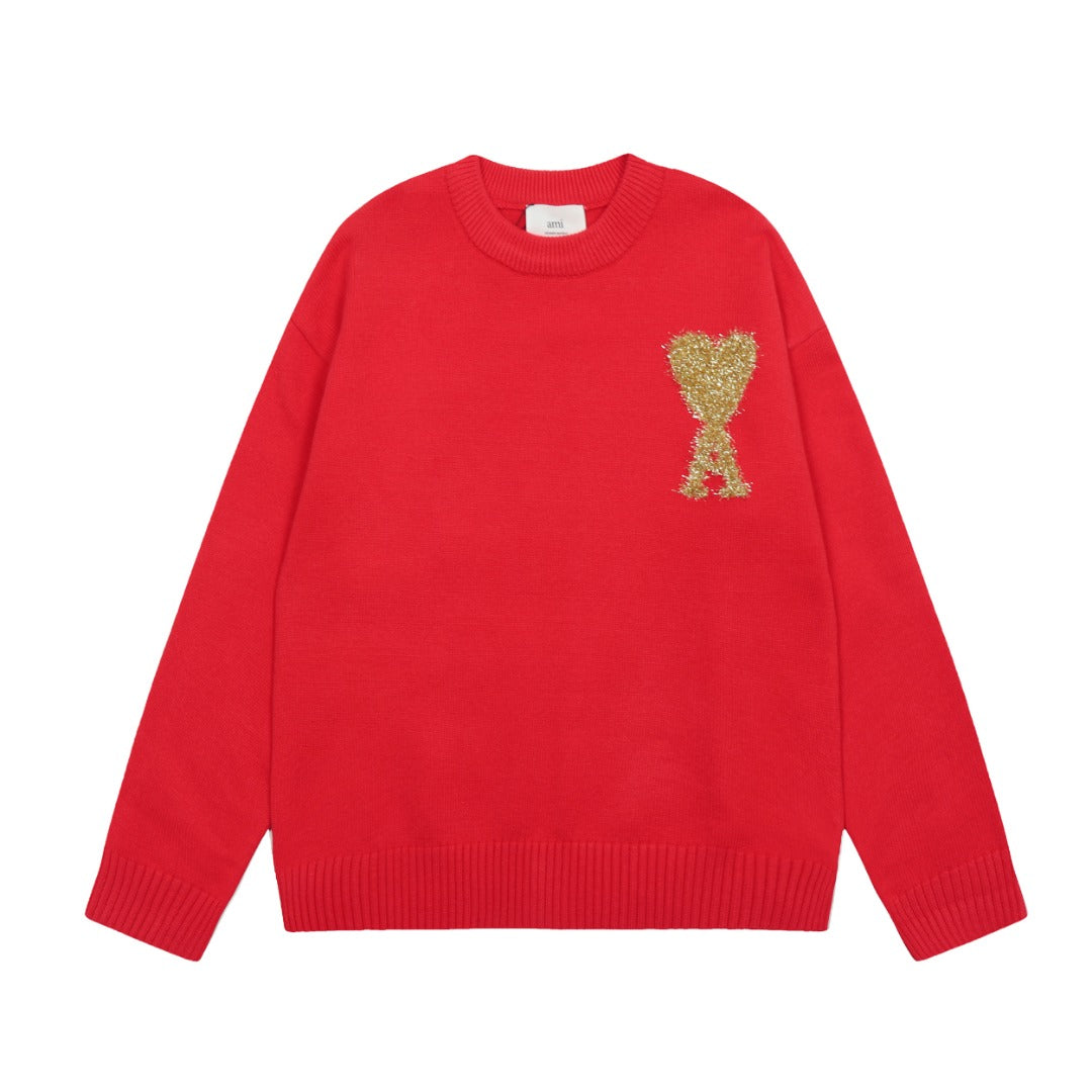 AMI Paris Gold Heart Embroidered Red Crewneck Sweater