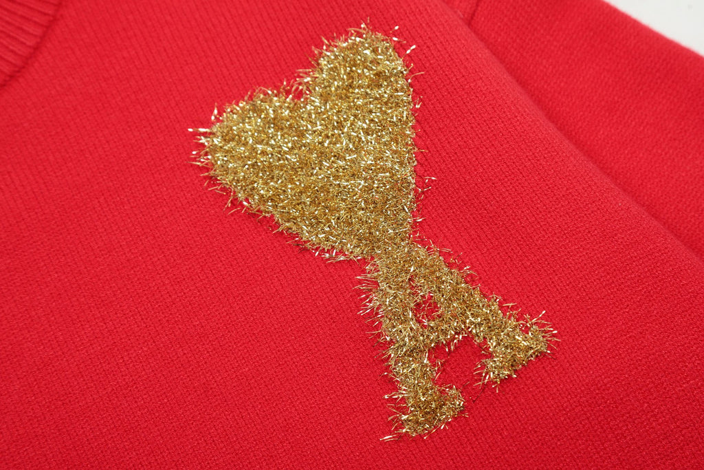 AMI Paris Gold Heart Embroidered Red Crewneck Sweater