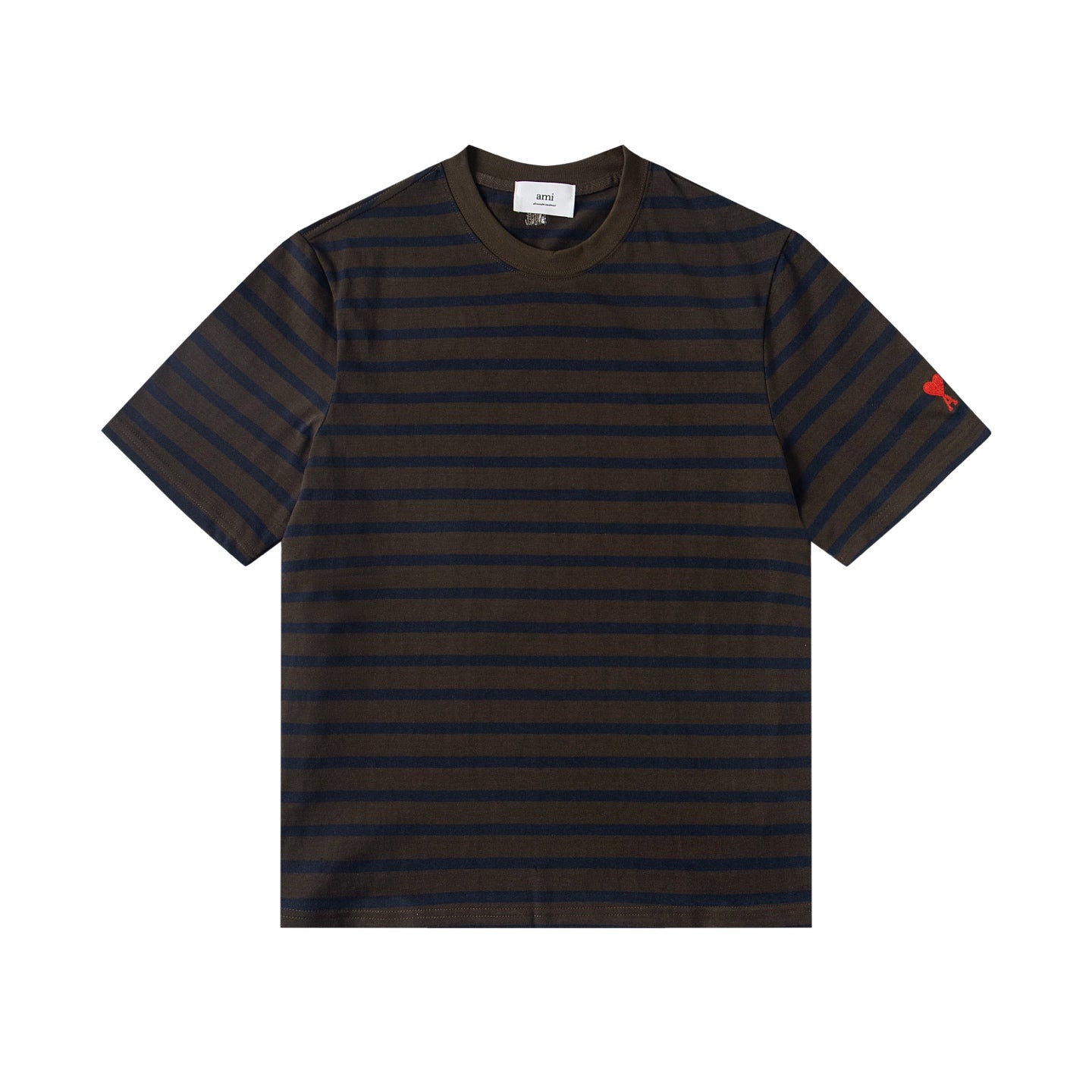 AMI PARIS Heart Embroidery Striped Short-Sleeve T-Shirt ¨C Gray & Brown
