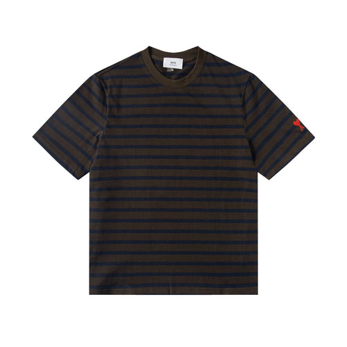 AMI PARIS Heart Embroidery Striped Short-Sleeve T-Shirt ¨C Gray & Brown