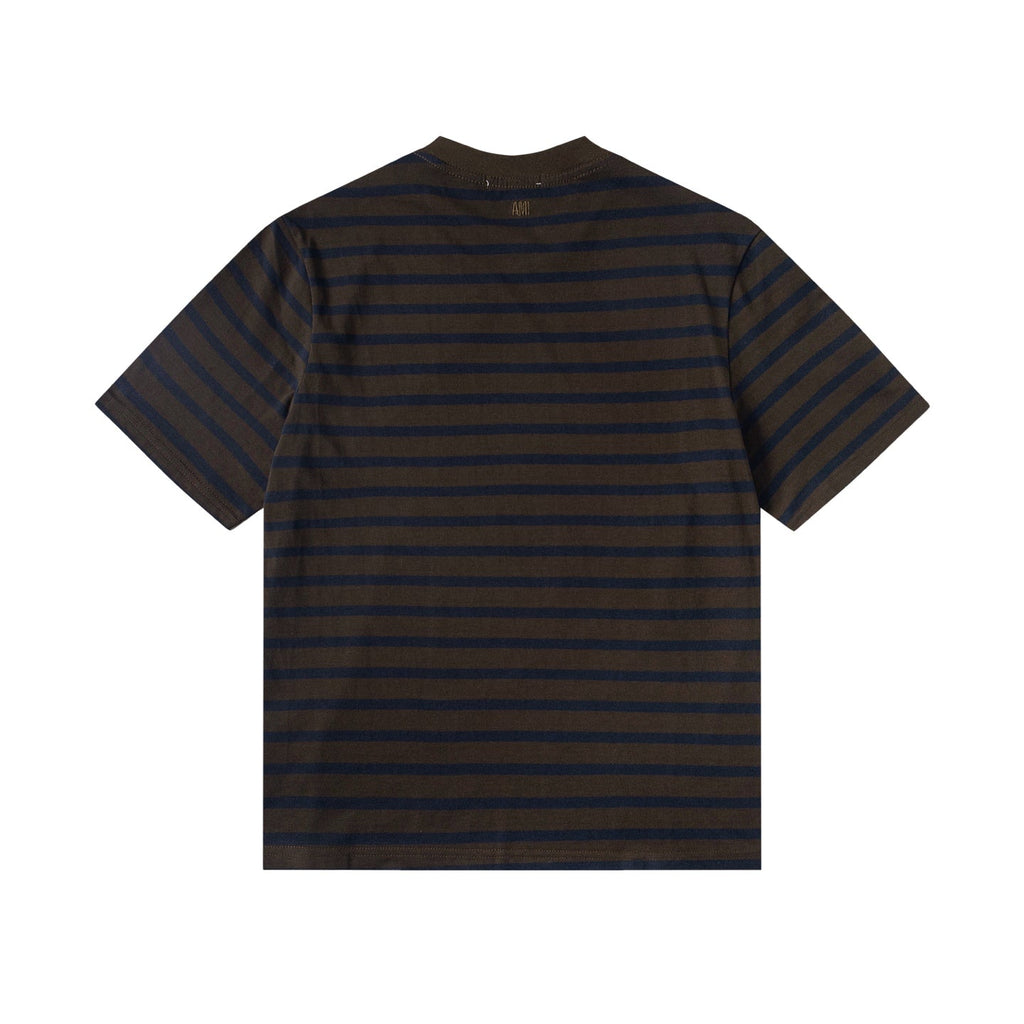 AMI PARIS Heart Embroidery Striped Short-Sleeve T-Shirt ¨C Gray & Brown