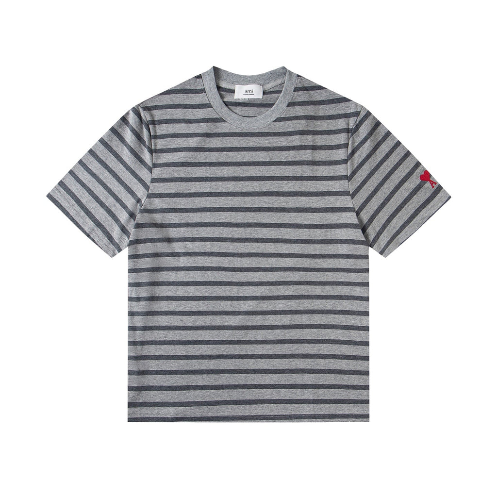 AMI PARIS Heart Embroidery Striped Short-Sleeve T-Shirt ¨C Gray & Brown