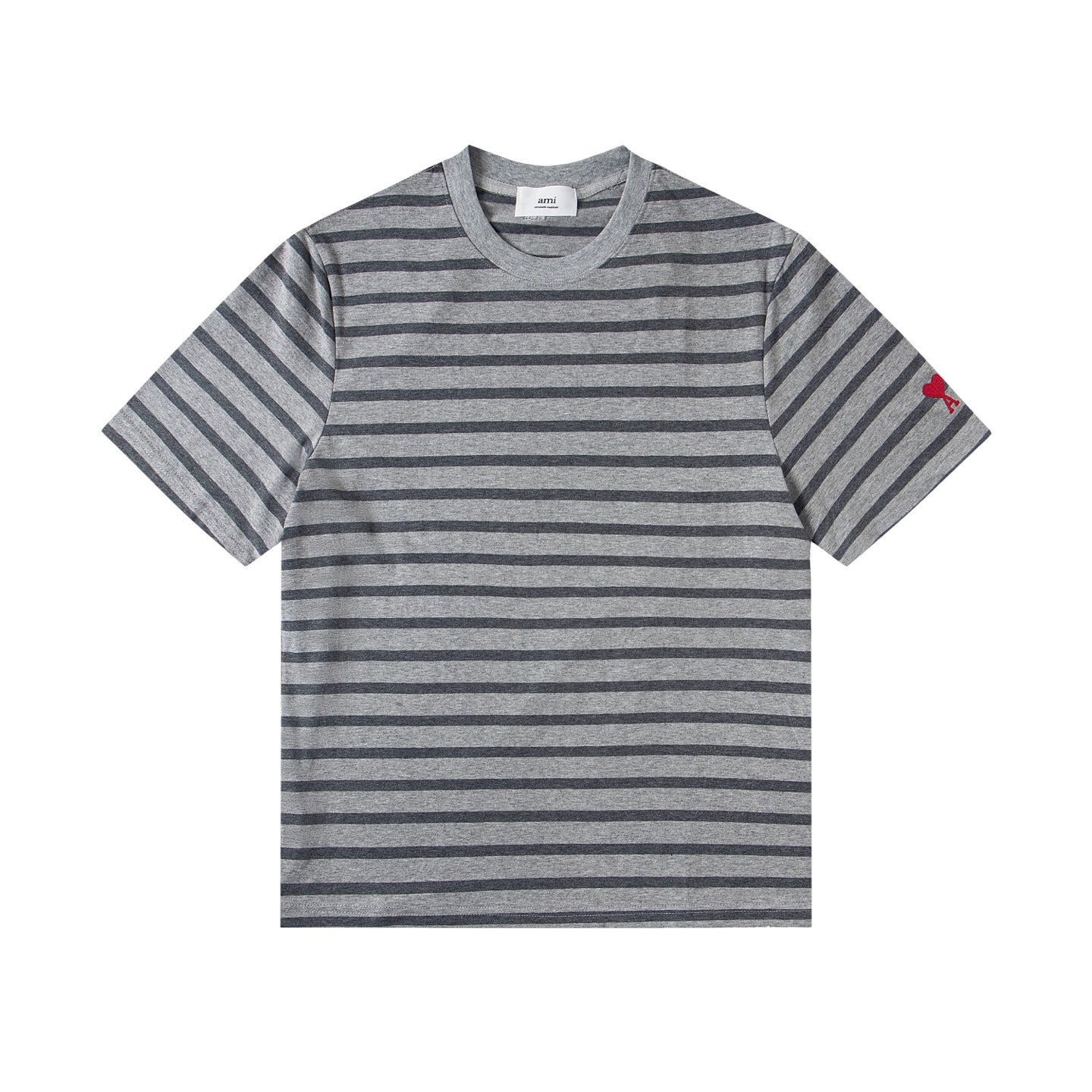 AMI PARIS Heart Embroidery Striped Short-Sleeve T-Shirt ¨C Gray & Brown