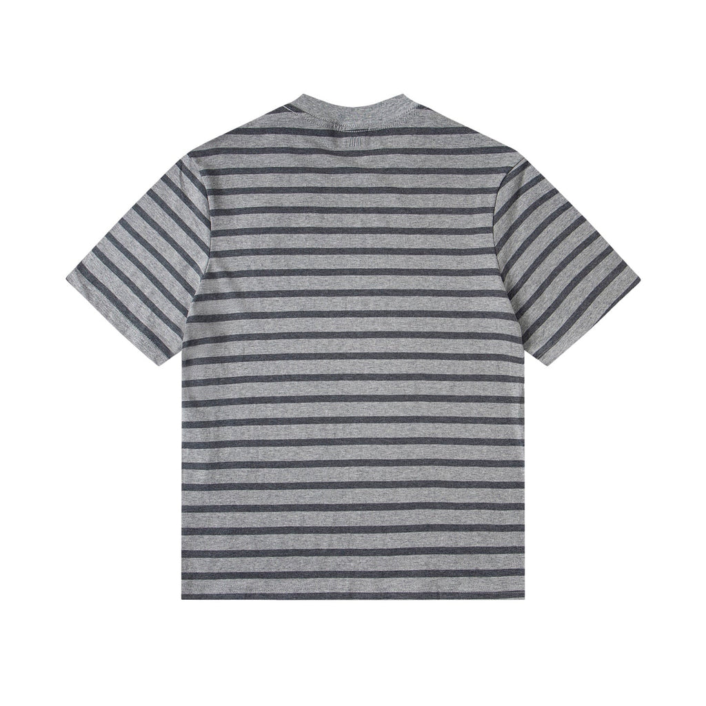 AMI PARIS Heart Embroidery Striped Short-Sleeve T-Shirt ¨C Gray & Brown