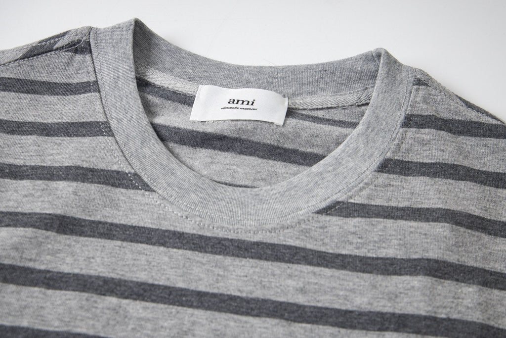 AMI PARIS Heart Embroidery Striped Short-Sleeve T-Shirt ¨C Gray & Brown