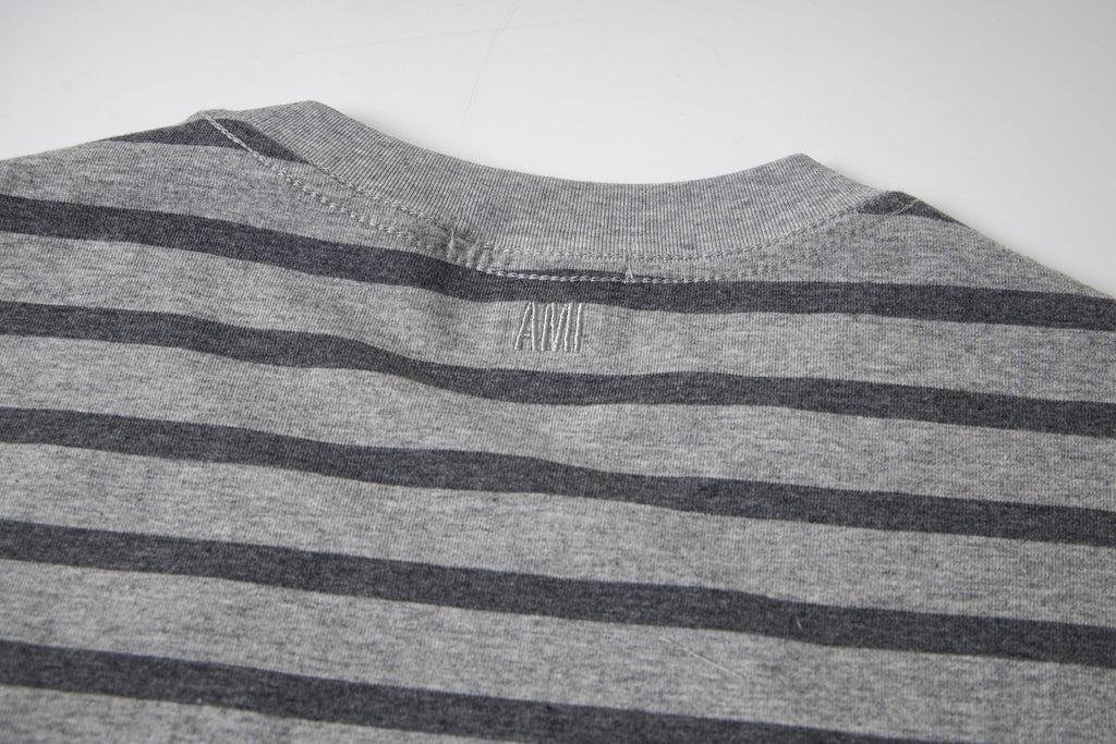 AMI PARIS Heart Embroidery Striped Short-Sleeve T-Shirt ¨C Gray & Brown