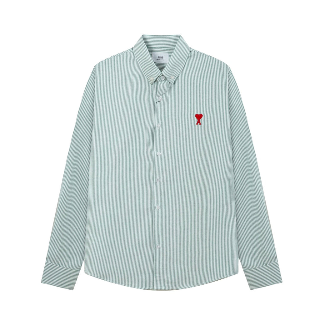 AMI PARIS Unisex Heart Embroidery Striped Oxford Shirt