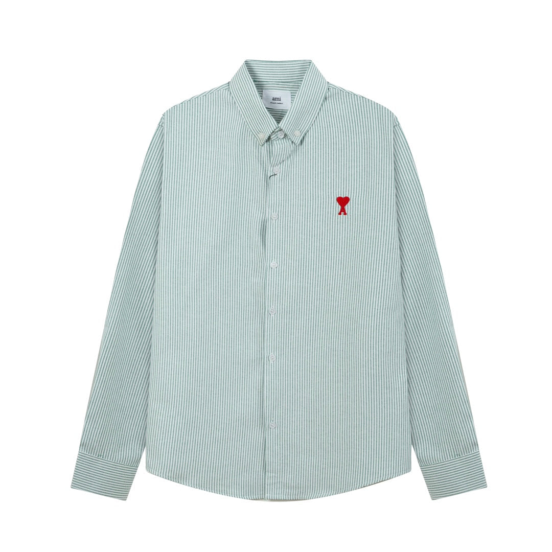 AMI PARIS Unisex Heart Embroidery Striped Oxford Shirt