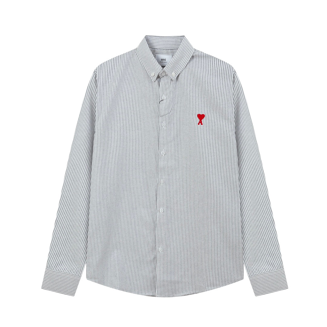 AMI PARIS Unisex Heart Embroidery Striped Oxford Shirt