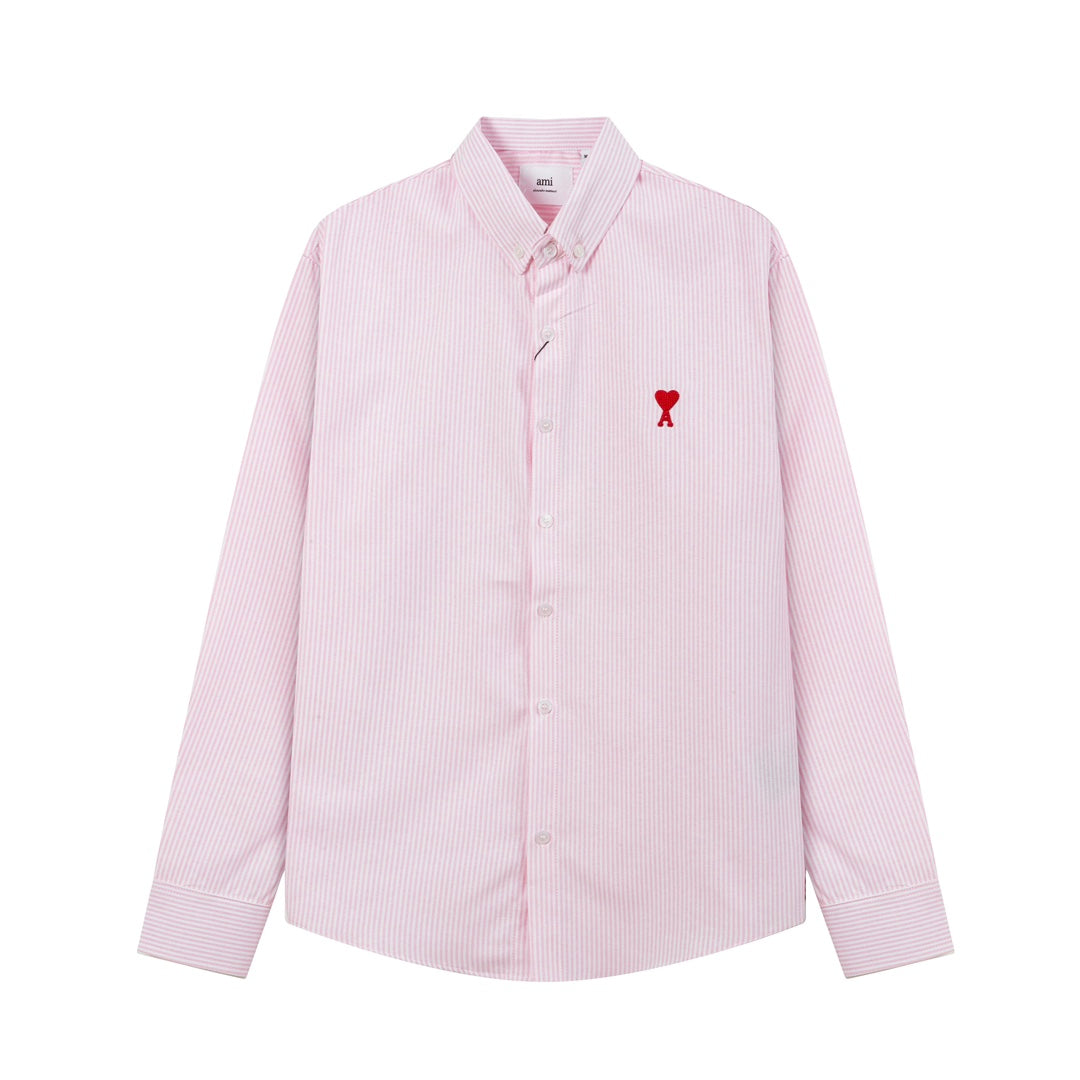 AMI PARIS Unisex Heart Embroidery Striped Oxford Shirt