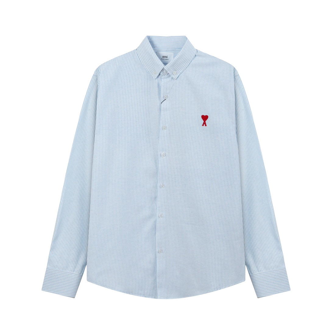 AMI PARIS Unisex Heart Embroidery Striped Oxford Shirt