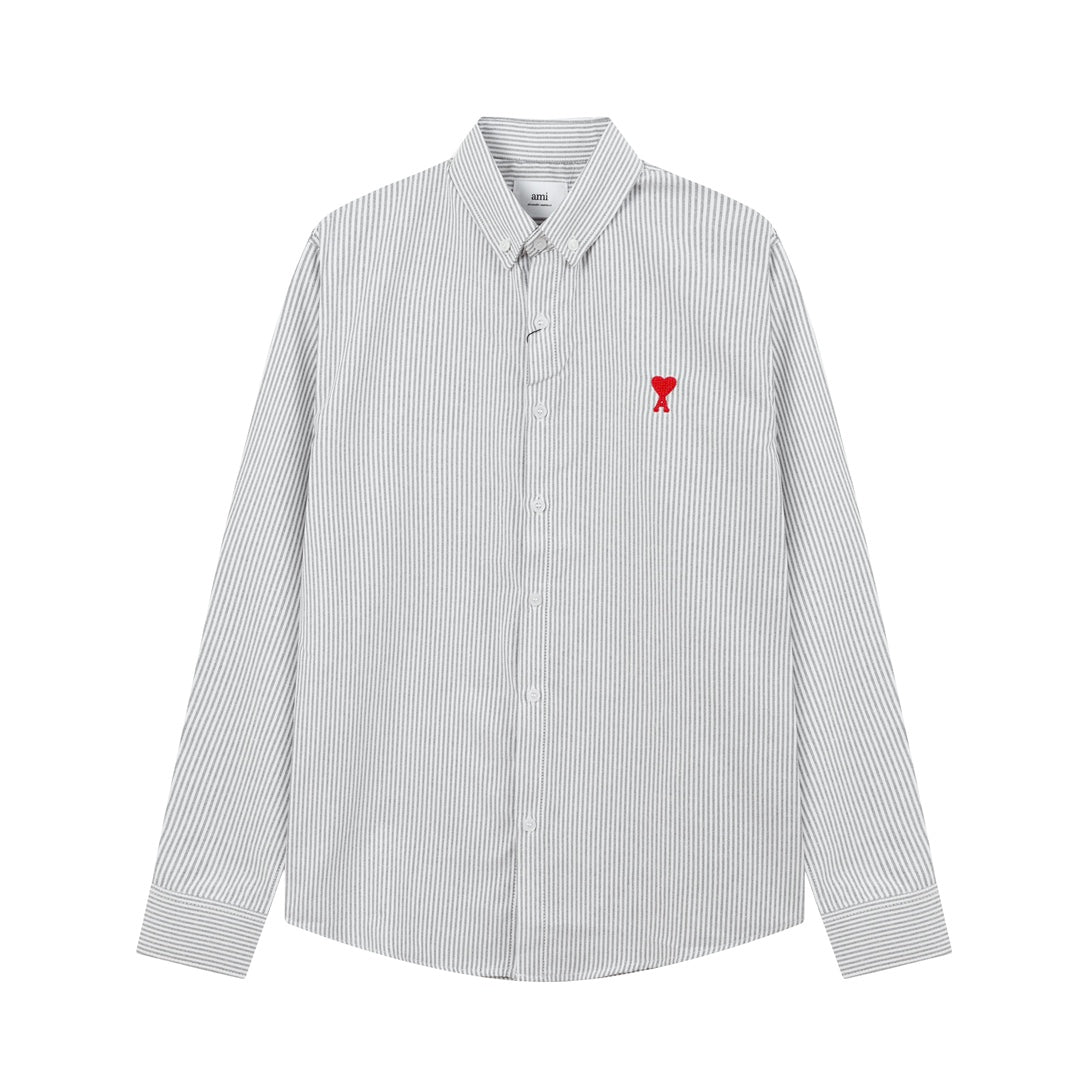 AMI PARIS Unisex Heart Embroidery Striped Oxford Shirt