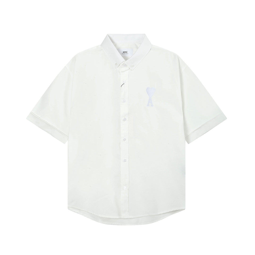 AMI PARIS Unisex Heart Embroidery Short-Sleeve Oxford Shirt