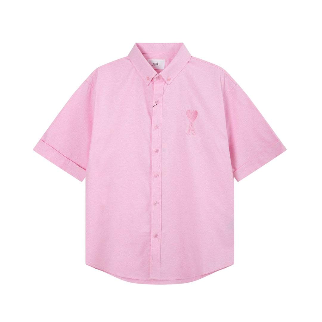 AMI PARIS Unisex Heart Embroidery Short-Sleeve Oxford Shirt