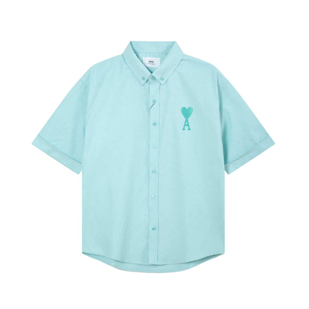 AMI PARIS Unisex Heart Embroidery Short-Sleeve Oxford Shirt