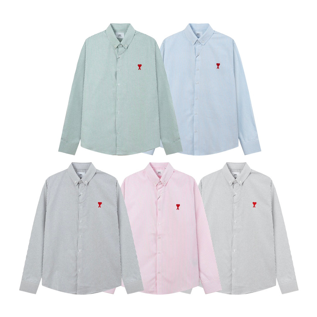 AMI PARIS Unisex Heart Embroidery Striped Oxford Shirt