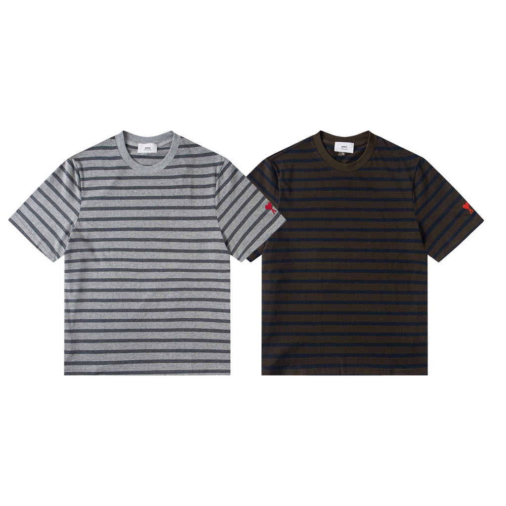 AMI PARIS Heart Embroidery Striped Short-Sleeve T-Shirt ¨C Gray & Brown