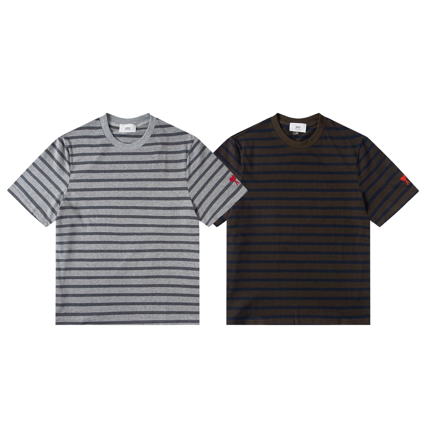 AMI PARIS Heart Embroidery Striped Short-Sleeve T-Shirt ¨C Gray & Brown