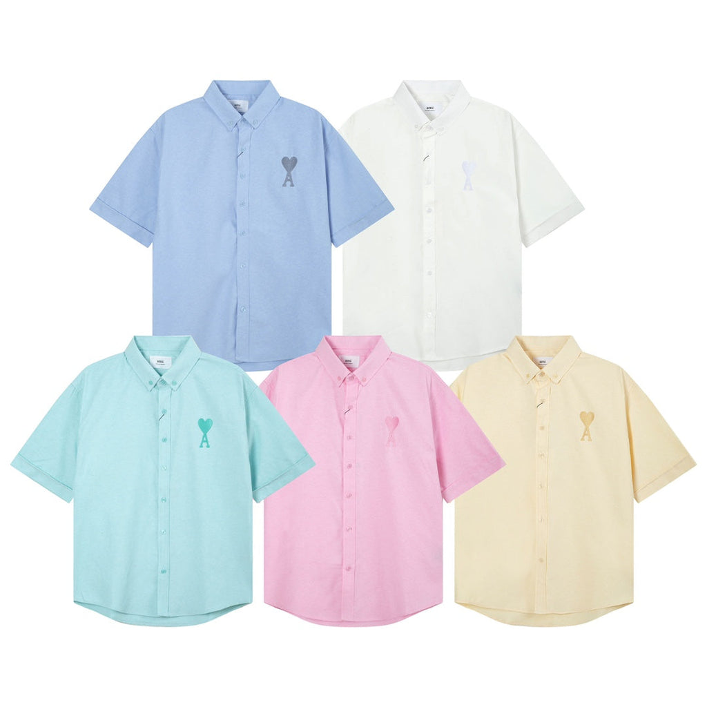 AMI PARIS Unisex Heart Embroidery Short-Sleeve Oxford Shirt