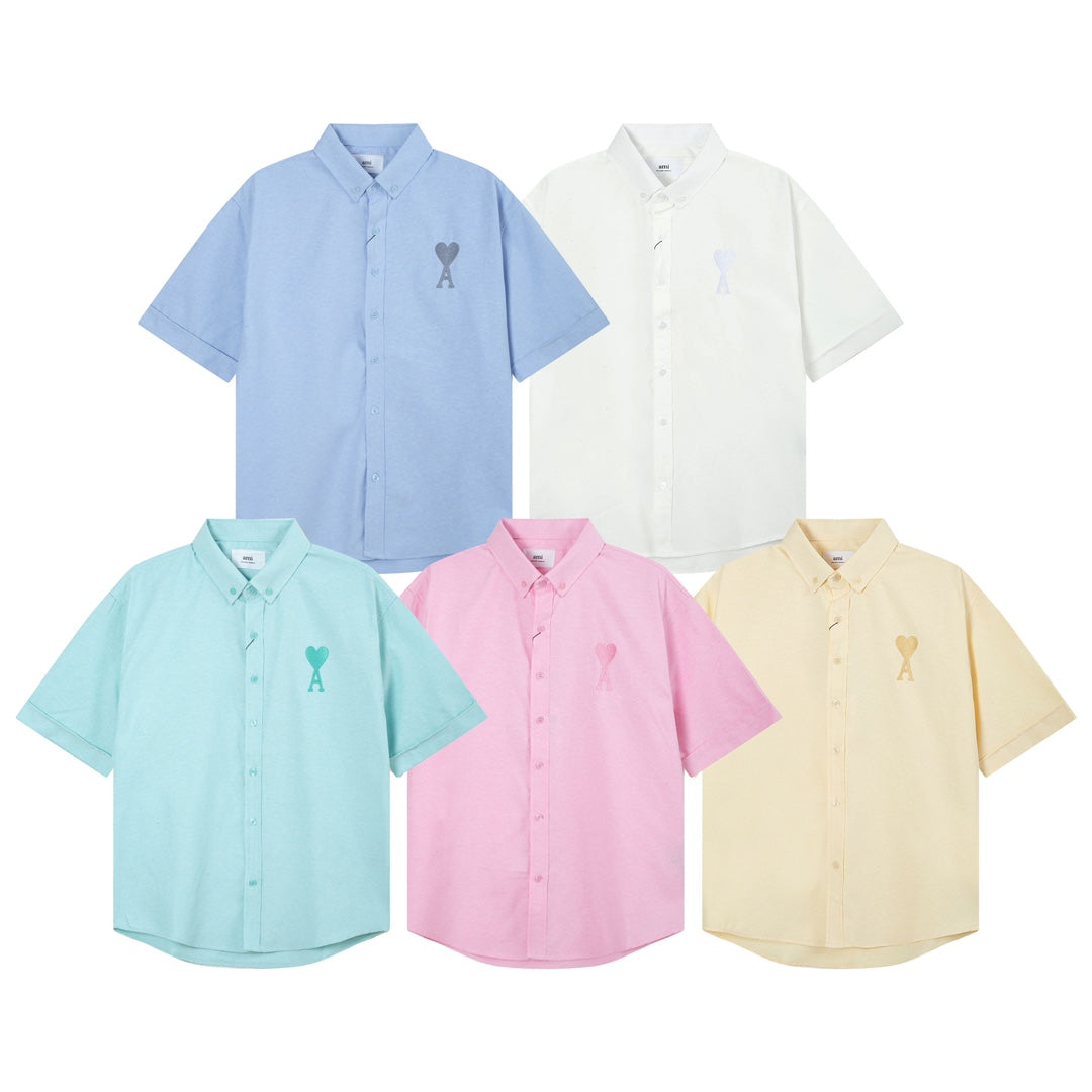 AMI PARIS Unisex Heart Embroidery Short-Sleeve Oxford Shirt