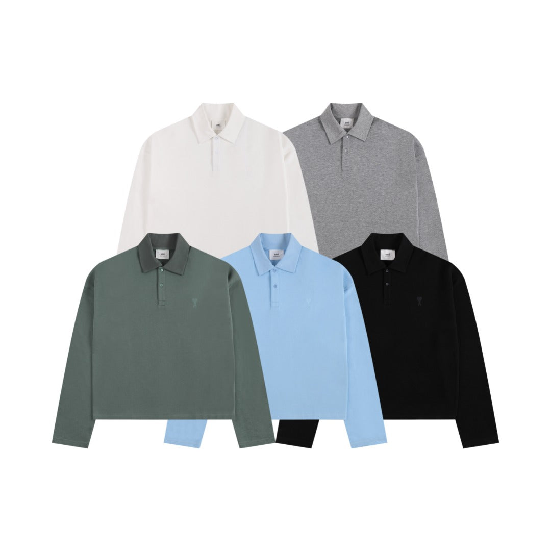 AMI PARIS Heart Embroidery Long-Sleeve Polo Shirt ¨C 5 Colors