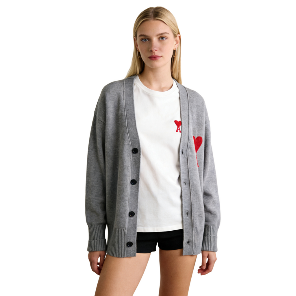 AMI PARIS Heart Logo V-Neck Cardigan