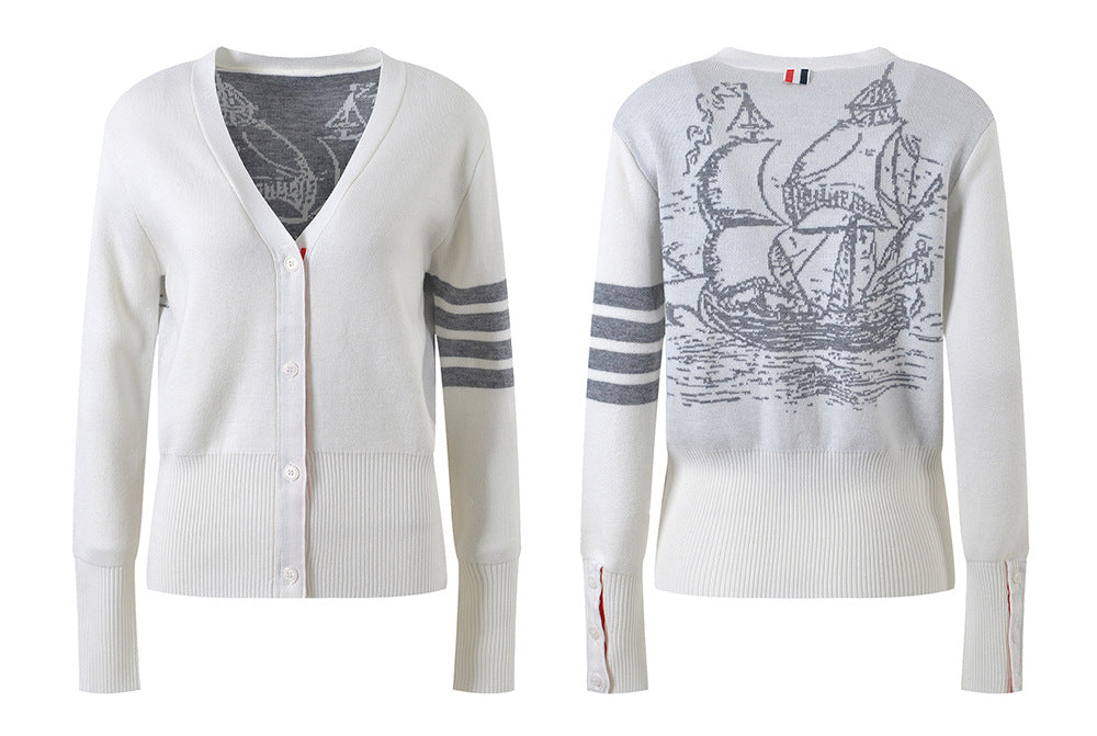 Four-Stripe Pink V-Neck Cardigan????¡§¡è?¡§¡è??¡§o?  TREND